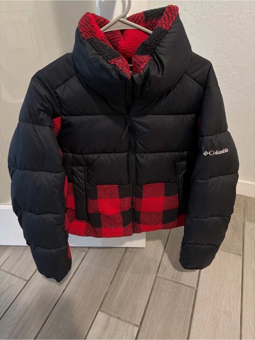 Columbia Black and Red Buffalo Plaid Puffer Jacket